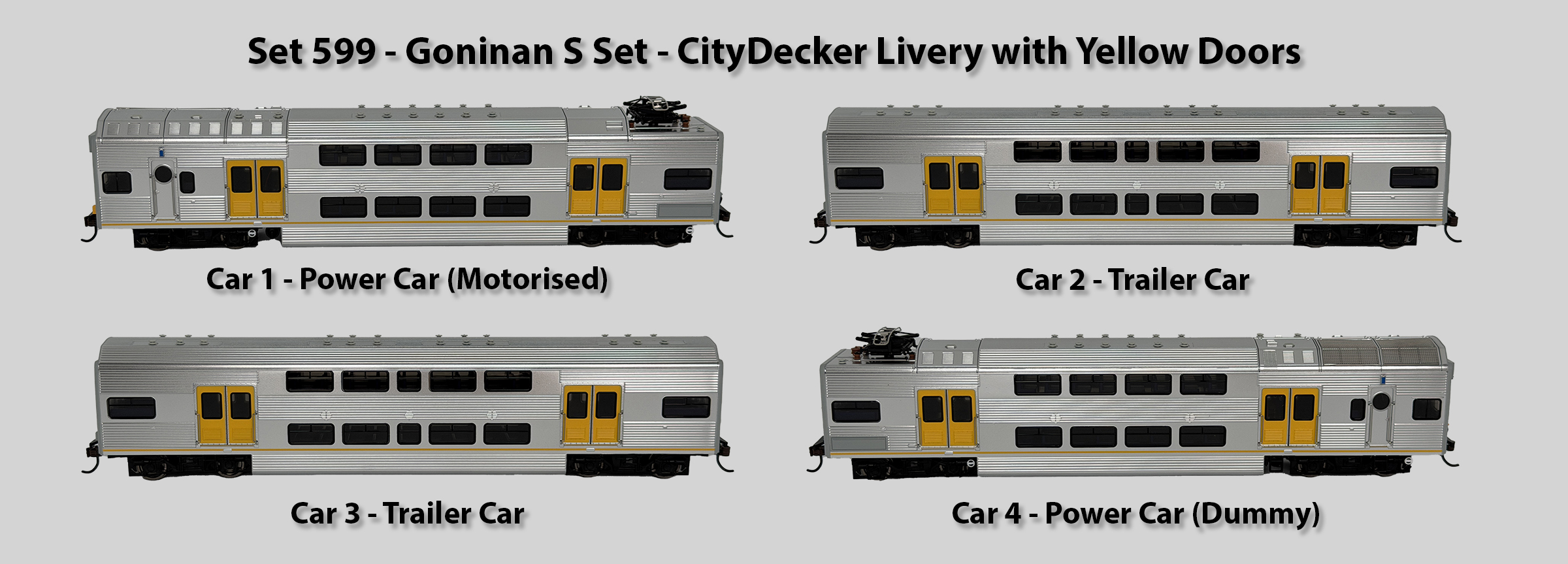 Set No. 599 Goninan Stainless Steel S-Set 4-car - CityDecker Set with Yellow Doors